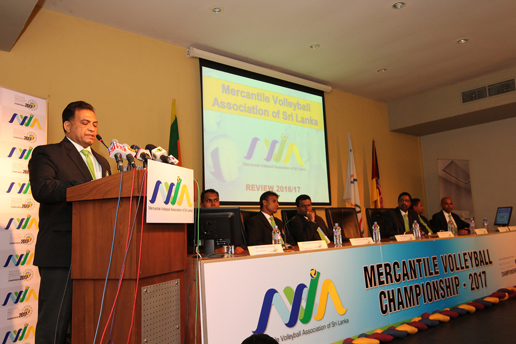 Colonel Sujith Jayasekara, President of Mercantile Volleyball Association addressing the media.
