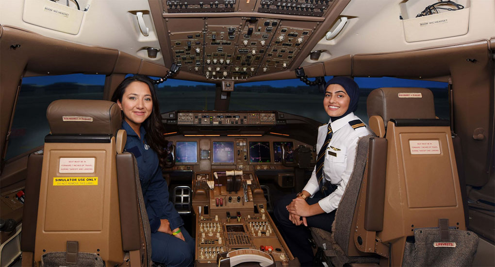 Shaesta Waiz, founder of Dreams Soar Inc and Bakhita Al Muheiri, Emirates Boeing 777 First Officer at the Emirates Aviation College