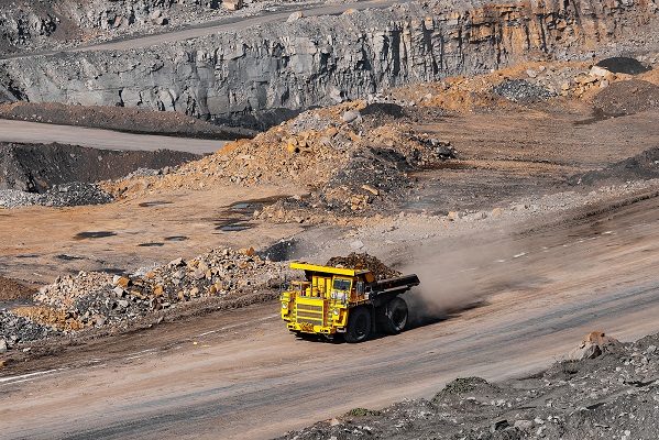 Big Yellow Mining Truck Transportation Of Gold Ore. Open Pit Min