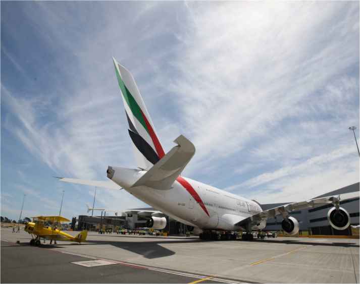 Auckland first Emirates A380 and Tiger Moth Feb 2009 (LBN)